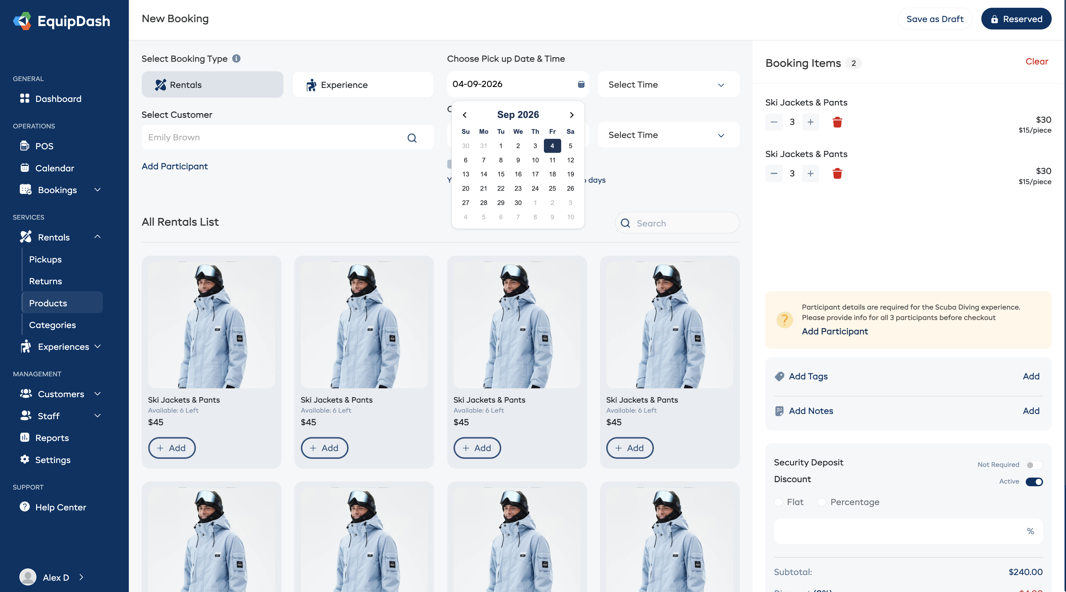 EquipDash — booking view