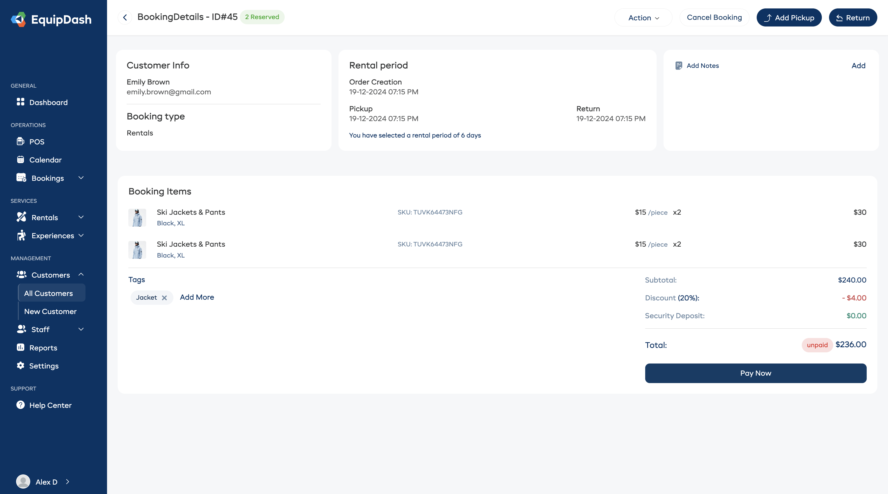 EquipDash — booking detail view