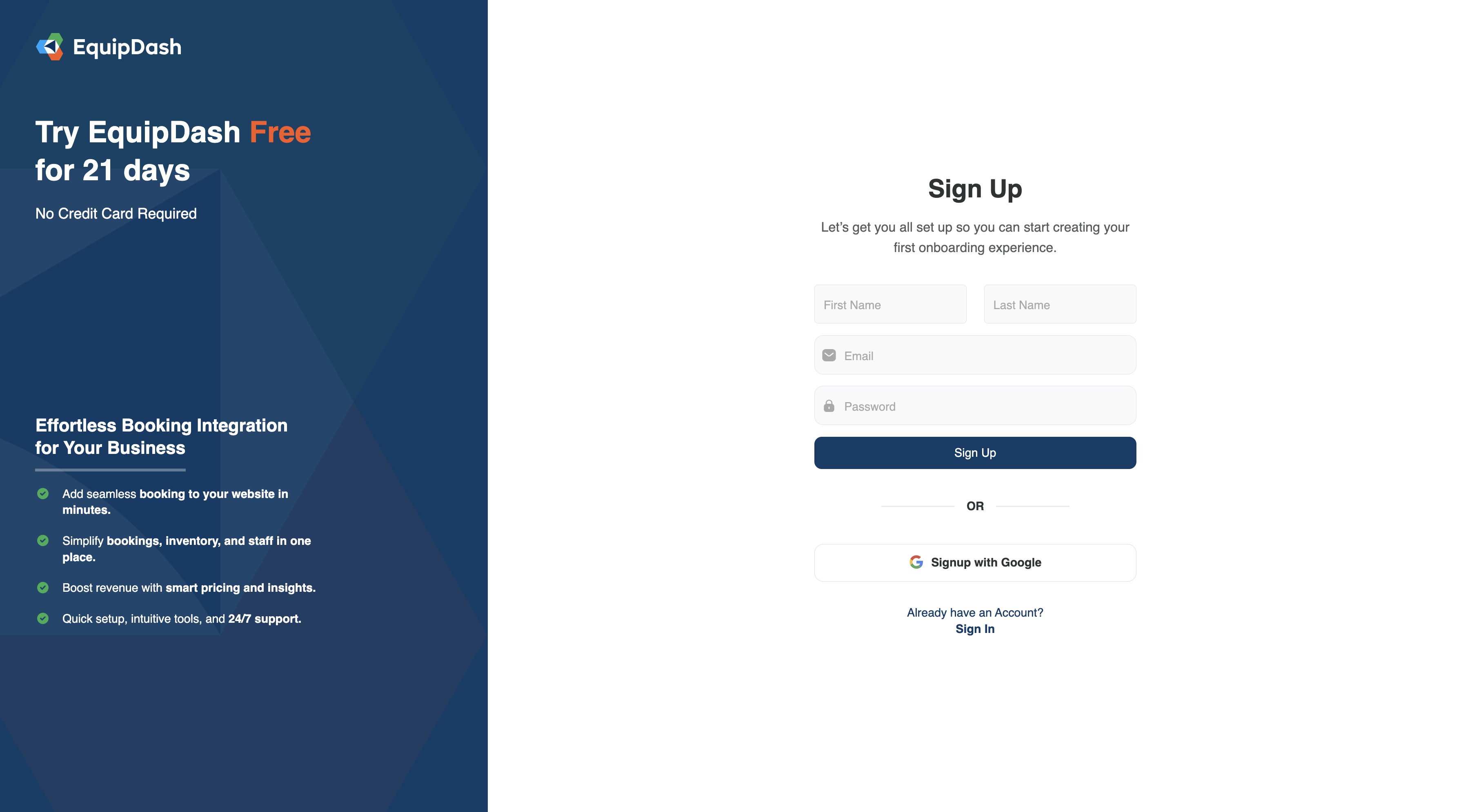 EquipDash — sign up page